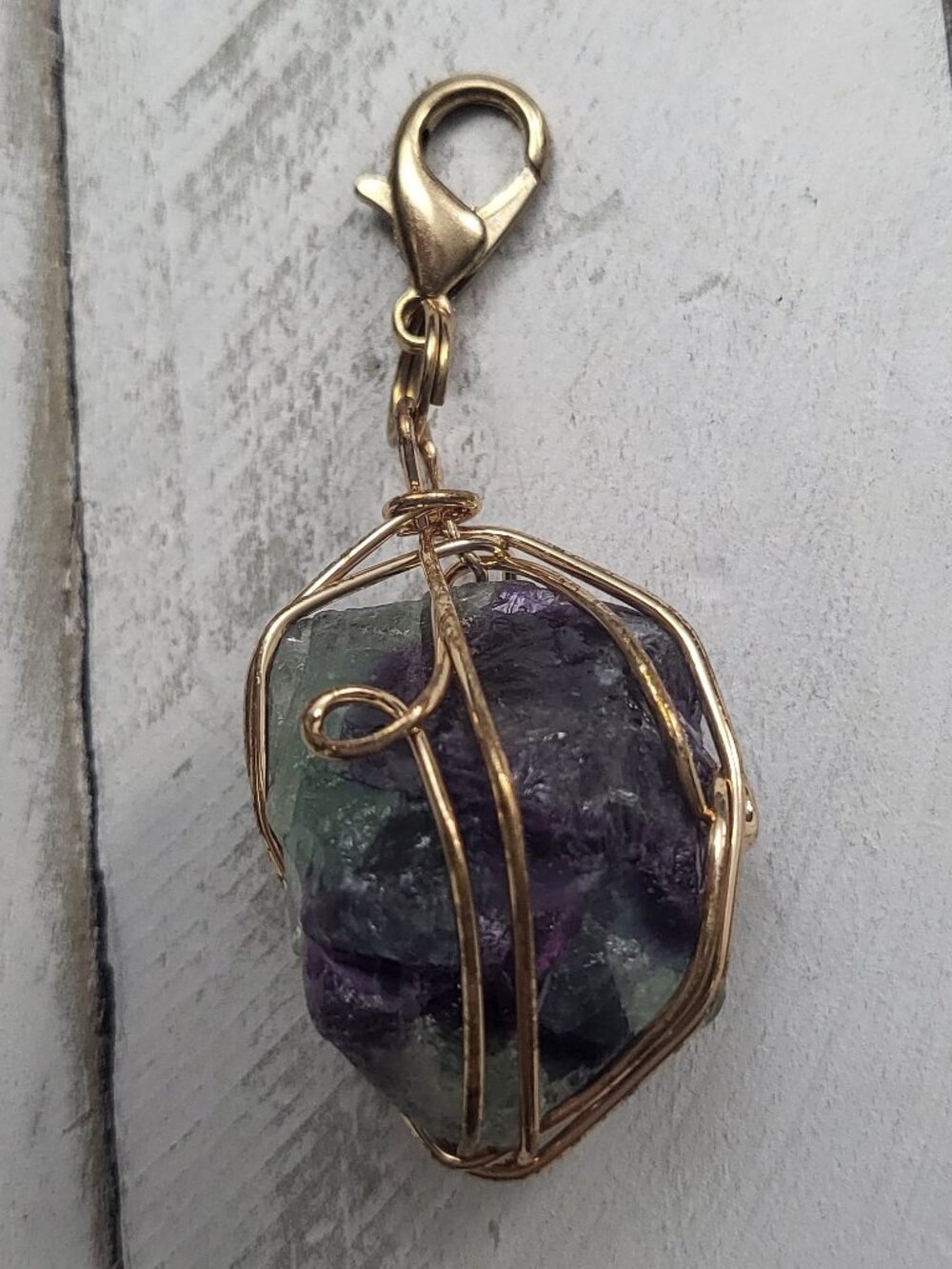 Crystal Bag Charm Keychain Fluorite Wire Wrapped Raw Stone